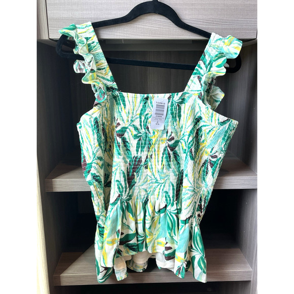 Torrid Womens SZ 2X Teal Smocked Top NEW Ruffle Peplum Tank Boho Tropical Floral - Picture 2 of 9